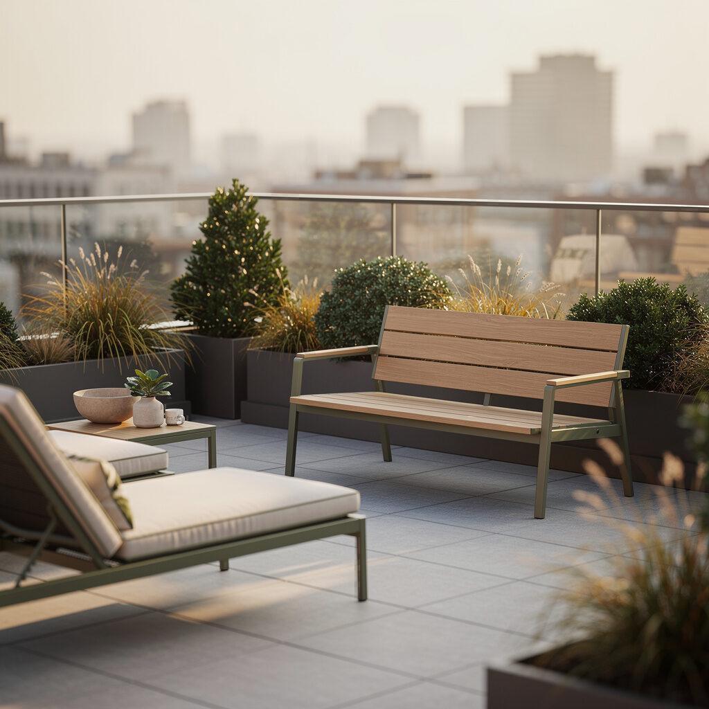 Terrasse Bänke und Sessel als Akzente – Designer Gartenmöbel