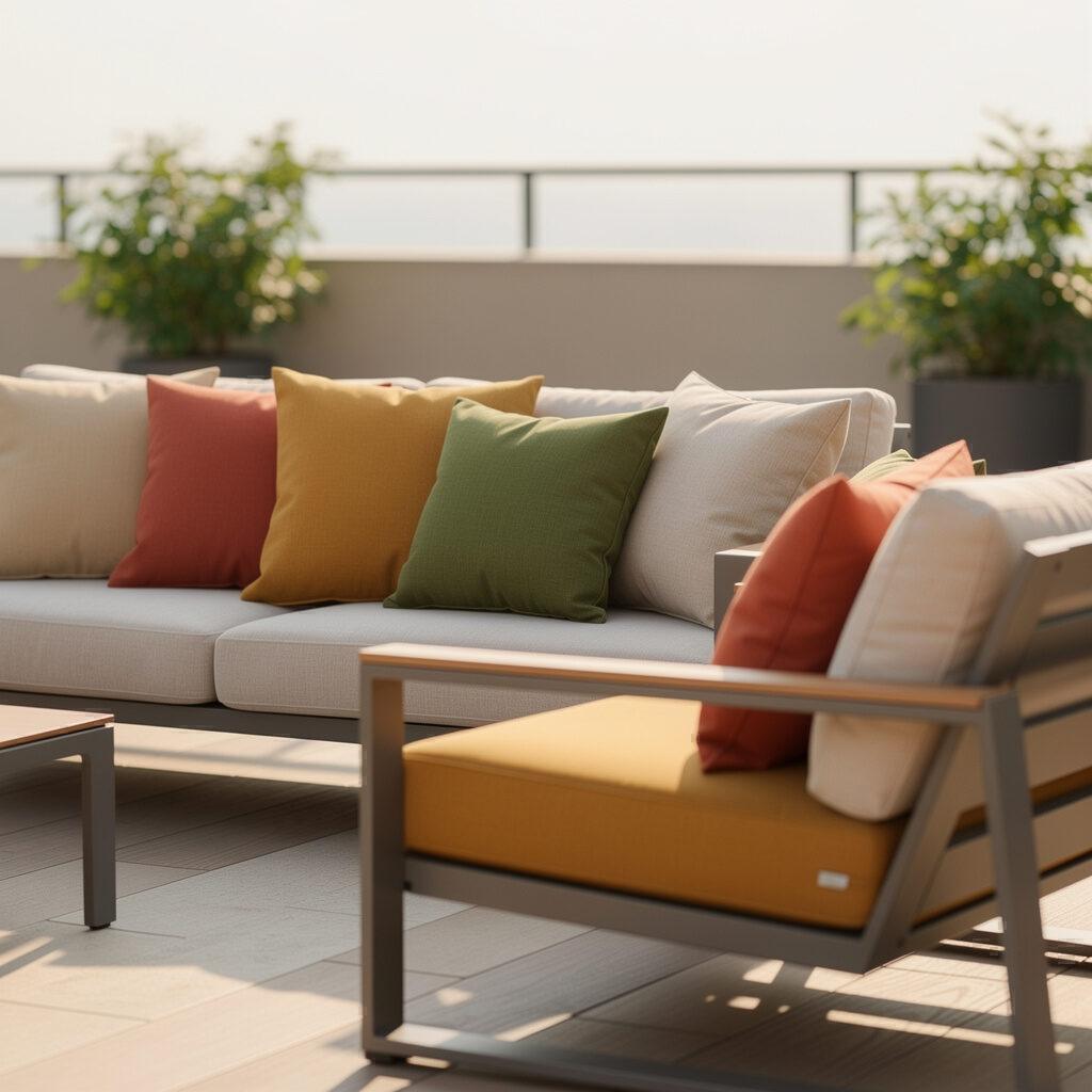 Farbliche Akzente und Dekoration durch Kissen auf der Terrasse setzen – Designer Gartenmöbel