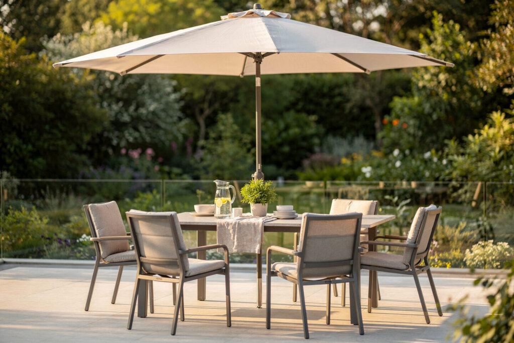 Optimale Kombination von Gartentischen – Accessoires, Schirme und Stühle aufeinander abstimmen – Designer-Gartenmöbel