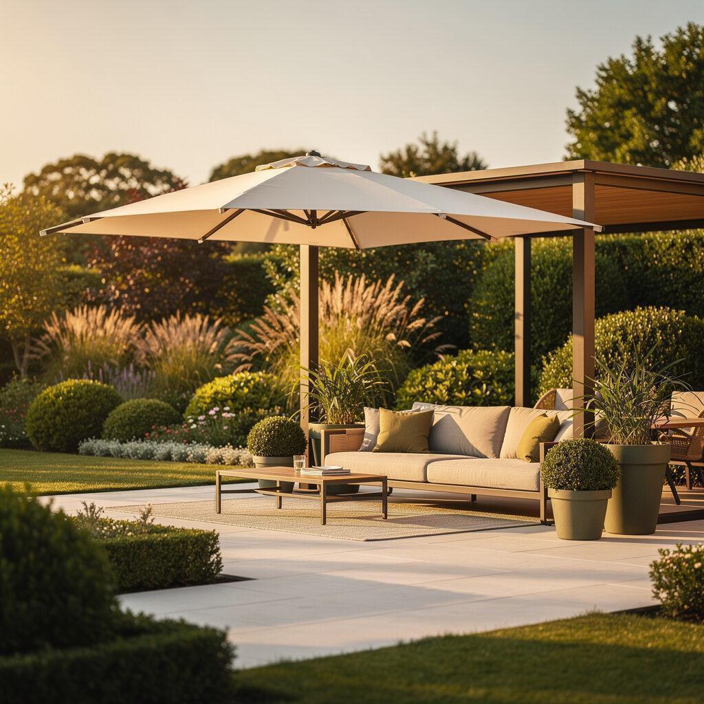 Designer Gartenmöbel Pavillon und Sonnenschirm Atmosphäre Schatten